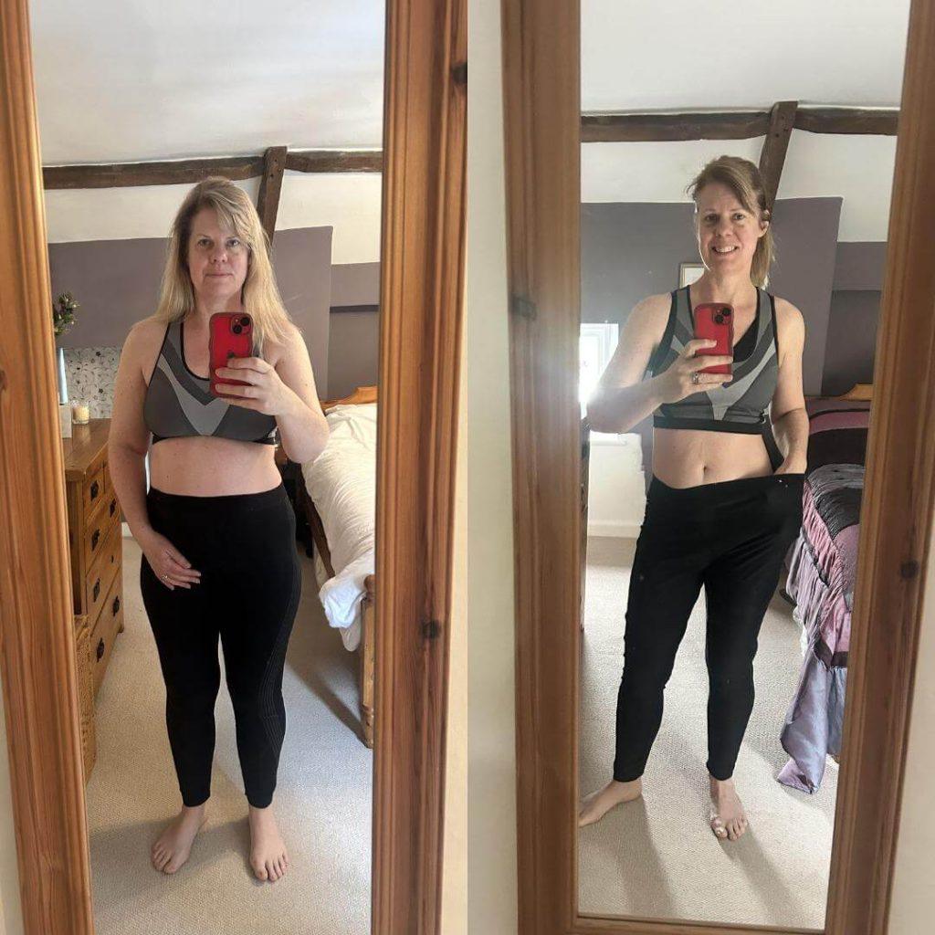 Rachel in the mirror before and after she was able to lose weight with a bad back. Taking a photo stood in a full length mirror showing the difference in her stomach.