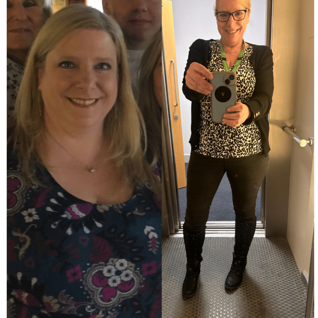 A side-by-side photo of Rebecca. On the left Rebecca is smiling into the camera before her weight loss. On the right, Rebecca takes a full length smiling selfie in the mirror showing her smaller figure. One of our weight loss success stories.
