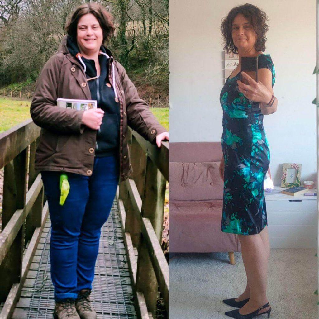 Side-by-side transformation photo of a woman before and after her weight loss journey; on the left, she stands outdoors in casual clothes, and on the right, she poses confidently in a fitted floral dress. Her visible results highlight how she was able to stop craving junk food and get fit during menopause with lifestyle changes.