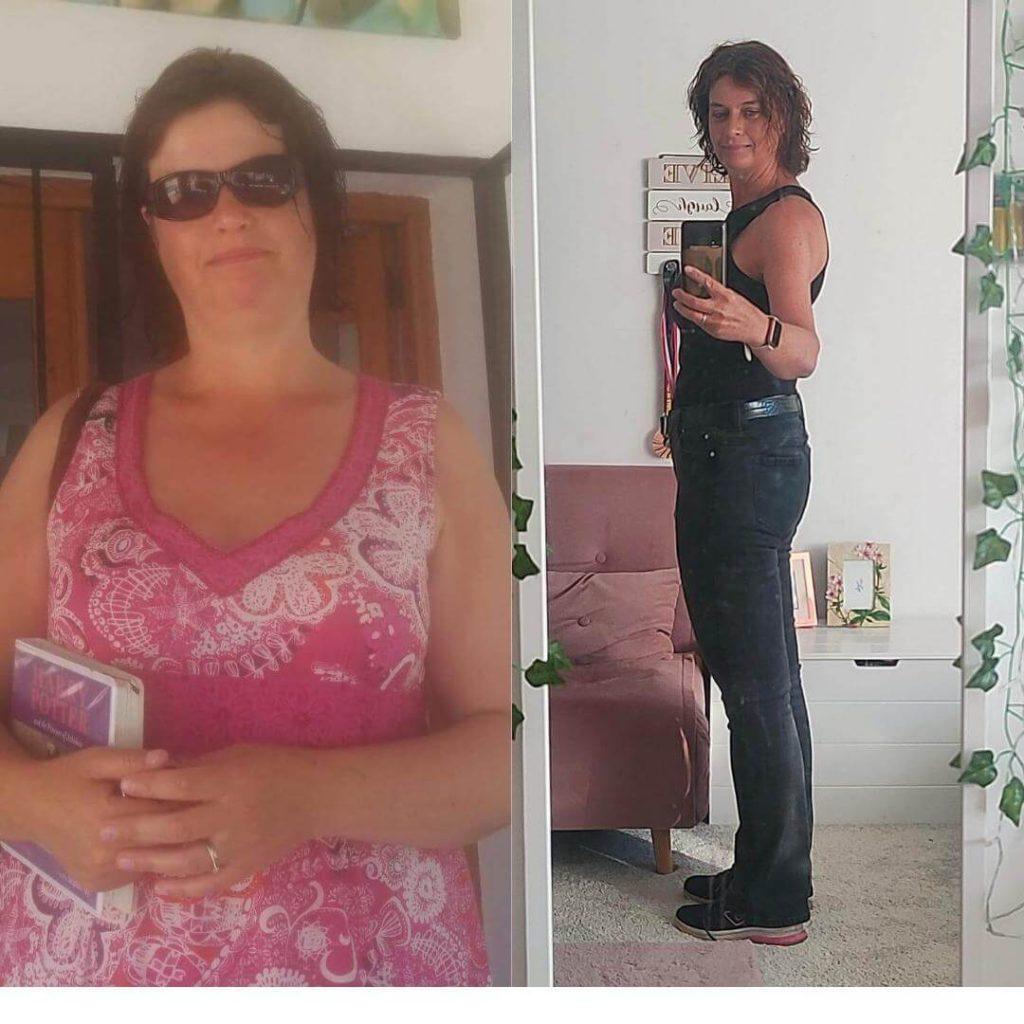 A 30 kg weight loss. A side-by-side photo of Rachel. On the left Rachel is wearing sunglasses and a pink flowy dress with a fuller figure. On the right, Rachel is taking a full length photo in the mirror with a noticeably smaller frame.