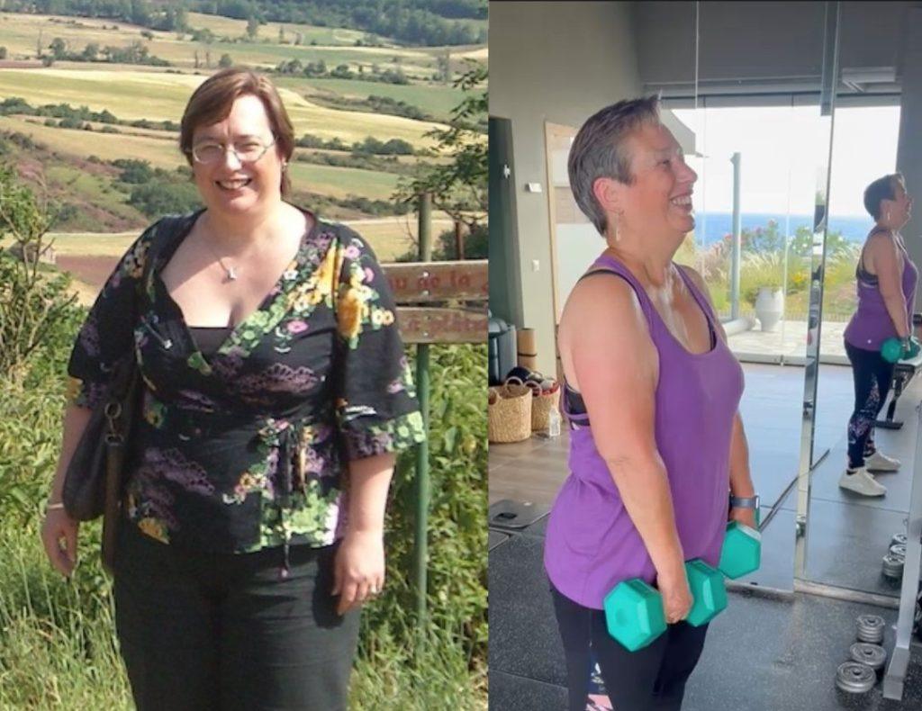 A side-by-side image of Sally, a Trinity client, before and after her weight loss. After following our menopause weight loss strategies, the right image shows her noticeably more toned and slimmer.
