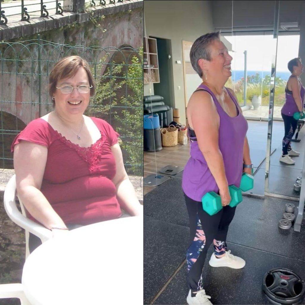 A side-by-side transformation photo of Sally. On the left, she is sitting outdoors, wearing a red top, with a fuller figure. On the right, she is lifting dumbbells, smiling, after she was able to reverse prediabetes and lose 4 stone.