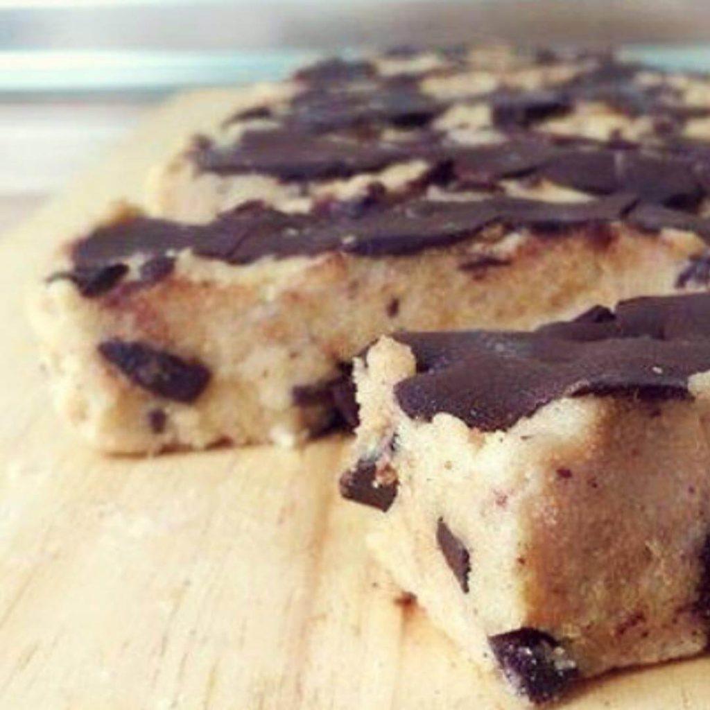 Healthy snack recipes: Cookie dough protein bars on a tray. 