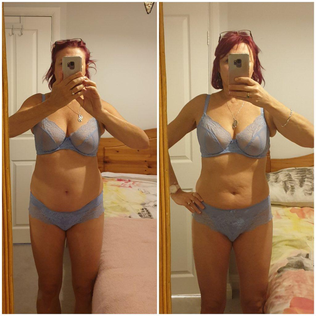 Before and after side view photo Jo showcasing her menopause weight loss success. The left image displays a rounder belly, while the right image reveals a flatter stomach and leaner waistline, captured in the same room and outfit for consistency.