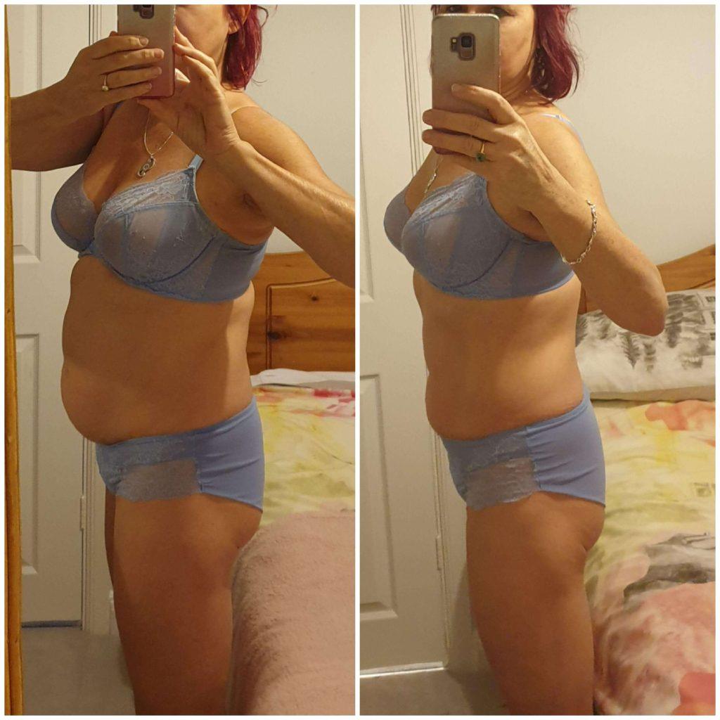 Side-by-side comparison photo showing Jo in light blue lingerie standing in front of a mirror, highlighting her menopause weight loss success. The left side shows a fuller midsection, while the right reveals a visibly slimmer and more toned abdomen, with improved posture and confidence.