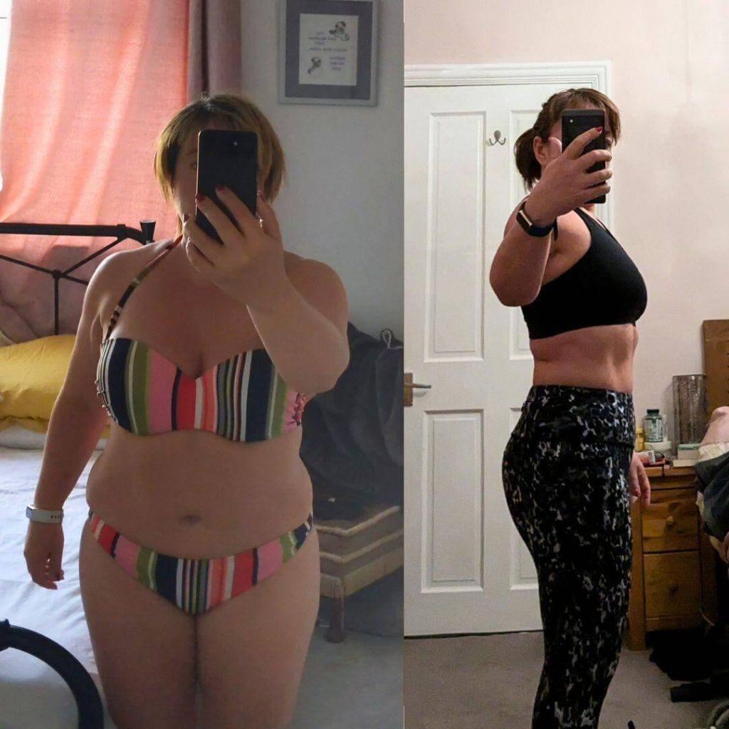 Side-by-side weight loss transformation photo of a woman. On the left, she wears a colorful striped bikini and stands front-facing with a fuller figure. On the right, she poses in profile wearing a black sports bra and patterned leggings, visibly leaner with toned abs and arms, showcasing a clear fitness journey and demonstrating how to lose weight by summer.