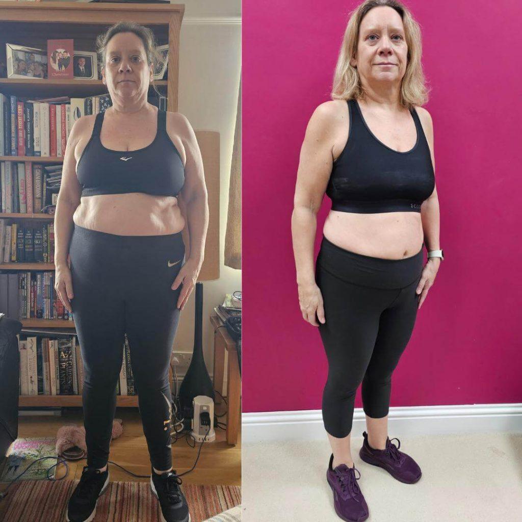 A side-by-side photo of Paula before and after her 16kg weight loss.